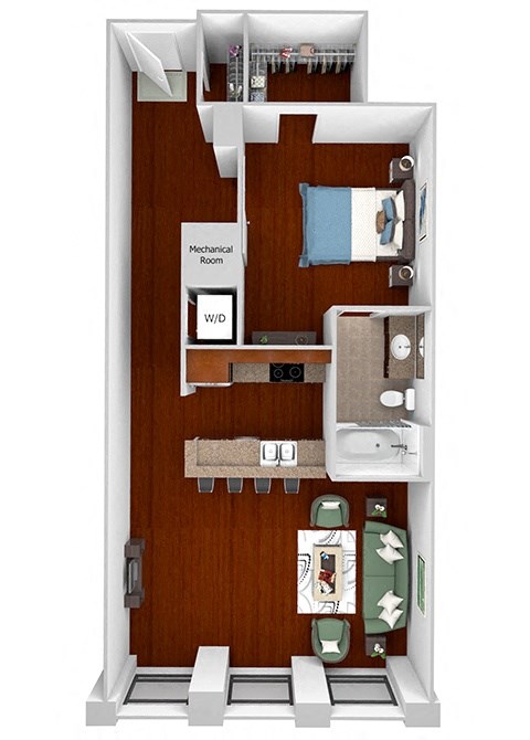 Floor plan for 1 bed, 1 bath, 842 sqft